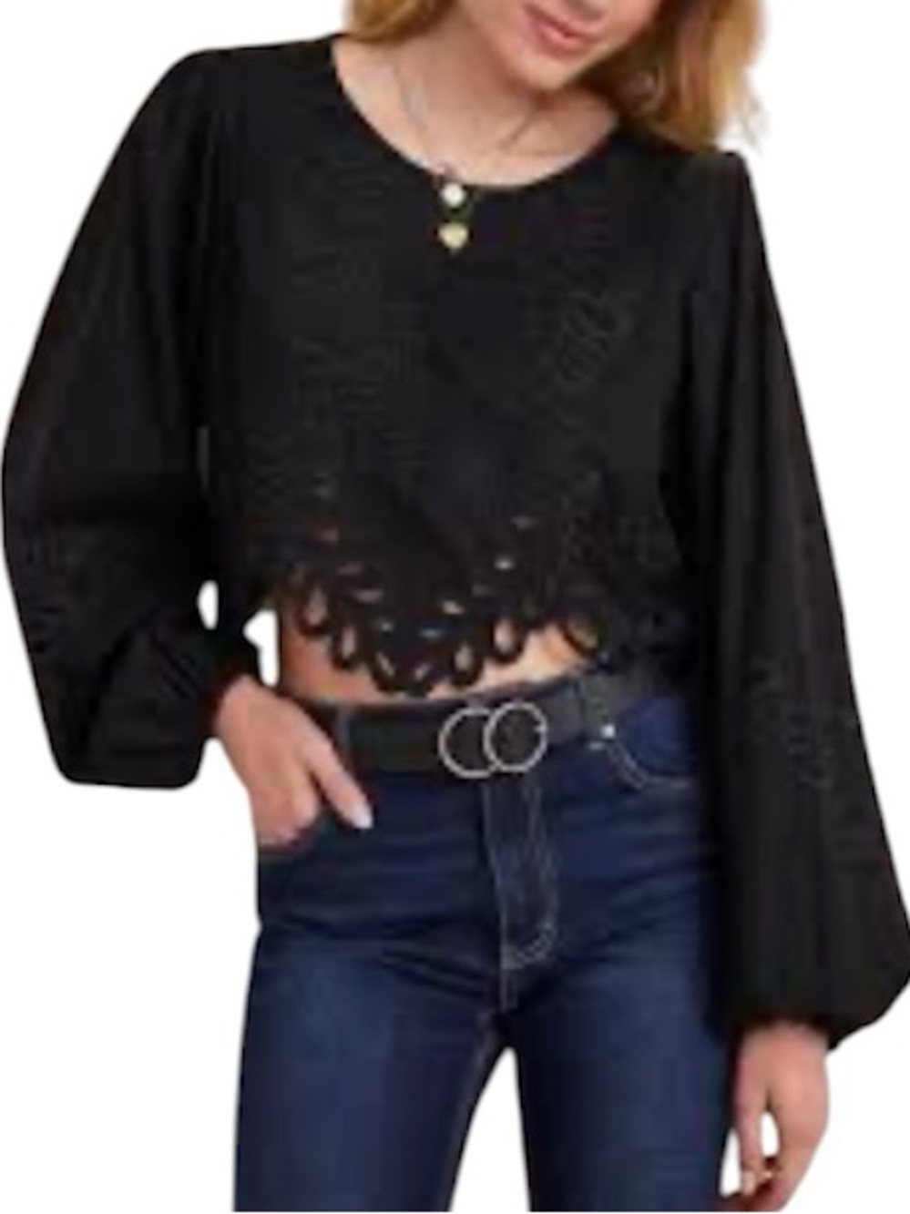 Francesca's Collections Black Crochet-Trim Long Sleeve Crop Top💕